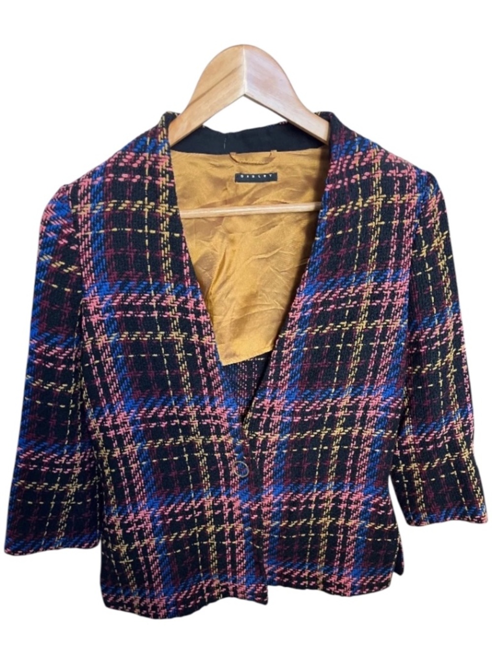 Sisley Collarless Bouclé Tweed Plaid Blazer Size US 4